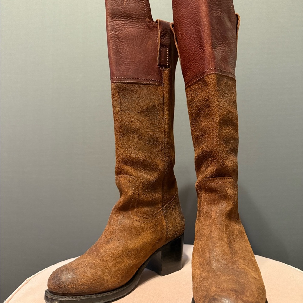 Frye Two-Tone Brown Leather Heeled Boots